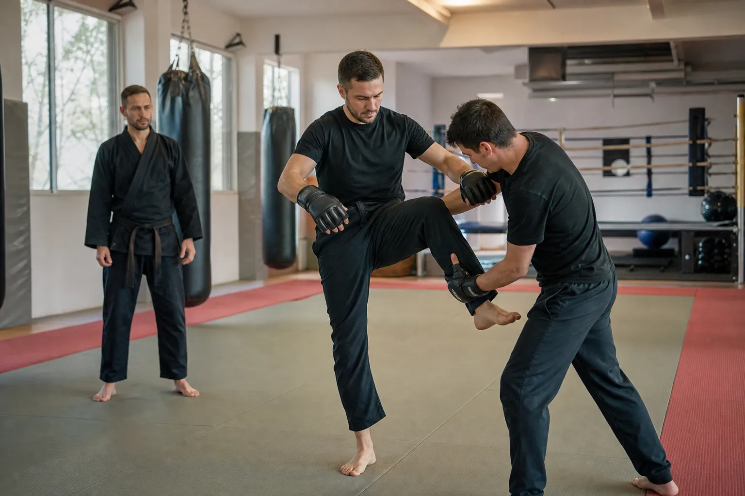 Doi adulți exersează controlat o tehnică de Kempo pe saltele, supravegheați de un antrenor.