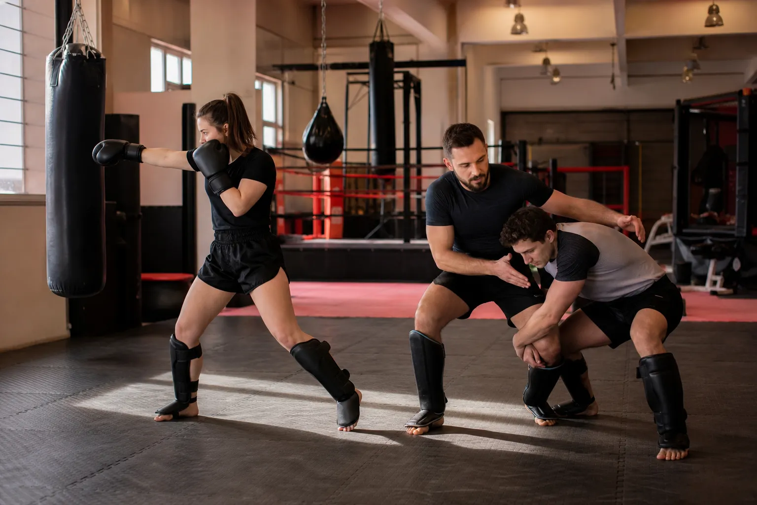 Doi adulți exersează controlat o tehnică de grappling pe saltele, într-o sală de arte marțiale.
